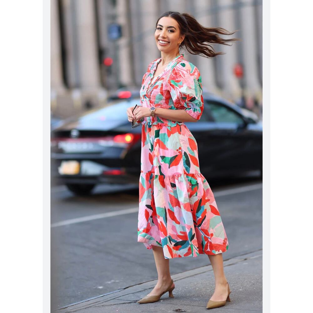 NWT Jessie Zhao Ramona Watermelon Smocked Puff Sleeve Tiered Midi Dress 4